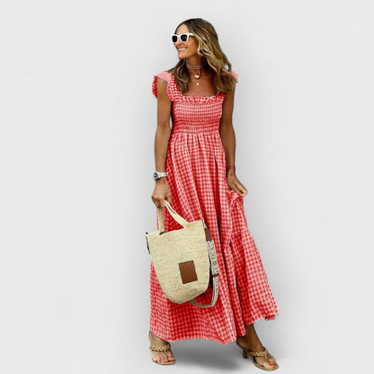 Belle - Plaid Maxi Dress with Ruffles and Honeycomb Pattern