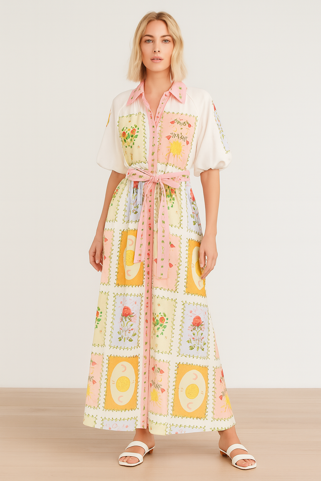 Boho Bloom – Floral Patchwork Print Linen Maxi Dress 