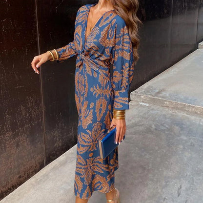 Janella - Vintage Long Sleeve Draped Midi Dress