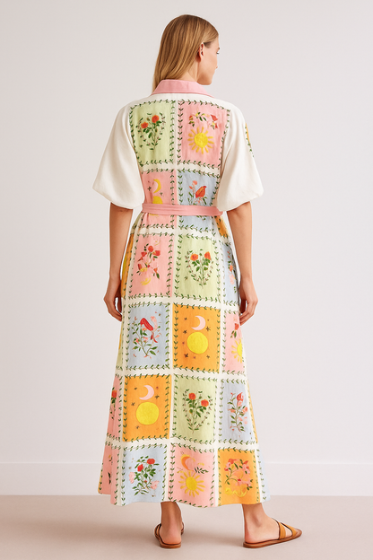 Boho Bloom – Floral Patchwork Print Linen Maxi Dress 