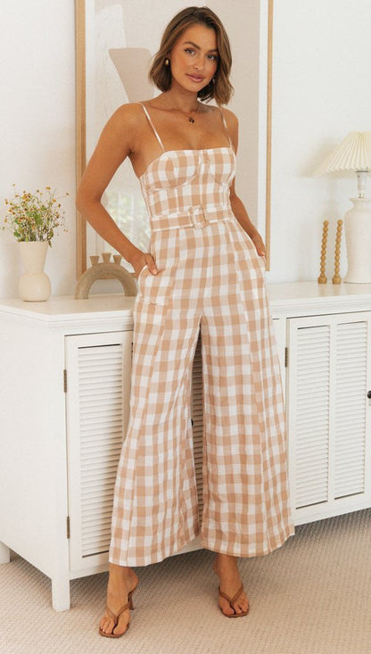 Chic Gingham Wide-Leg Jumpsuit – Summer Sleeveless One-Piece