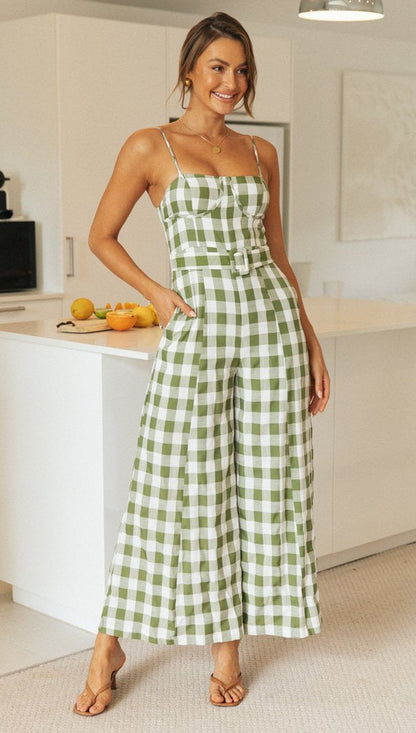 Chic Gingham Wide-Leg Jumpsuit – Summer Sleeveless One-Piece
