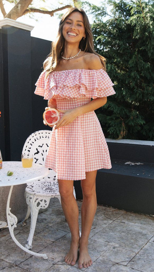 Pink Gingham Check Dress with Ruffles and Off-the-Shoulder Design