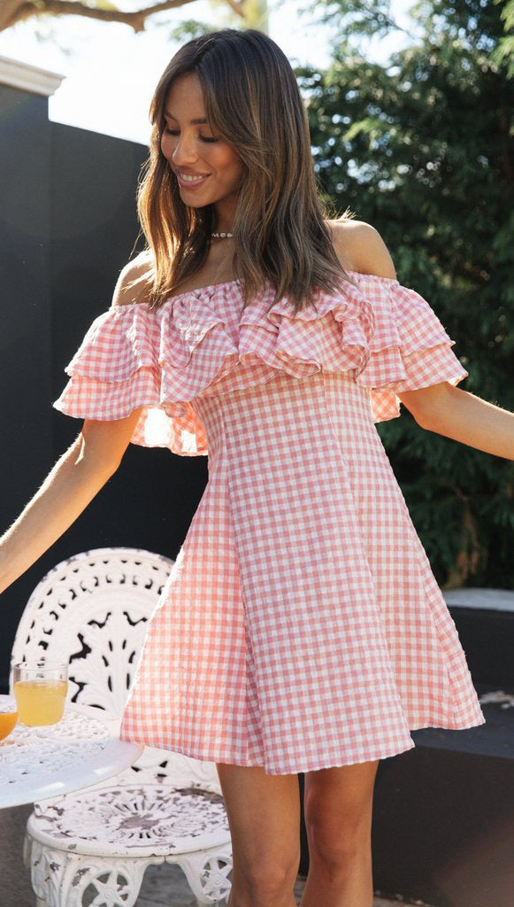Pink Gingham Check Dress with Ruffles and Off-the-Shoulder Design
