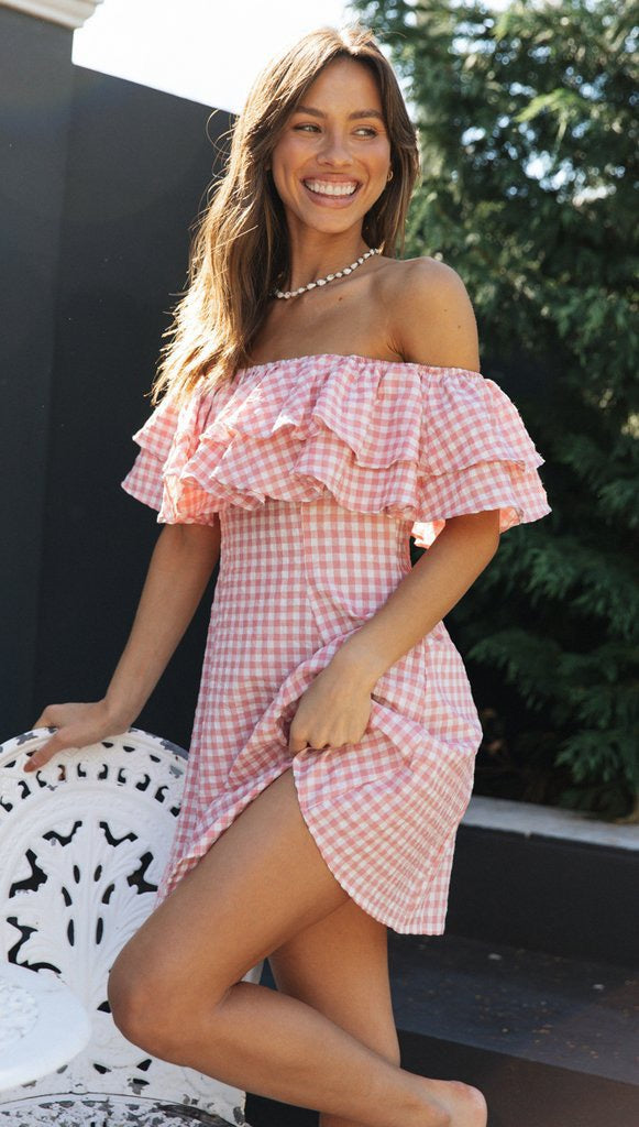 Pink Gingham Check Dress with Ruffles and Off-the-Shoulder Design