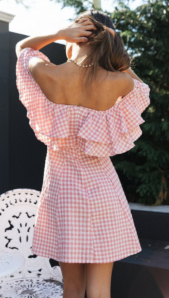 Pink Gingham Check Dress with Ruffles and Off-the-Shoulder Design