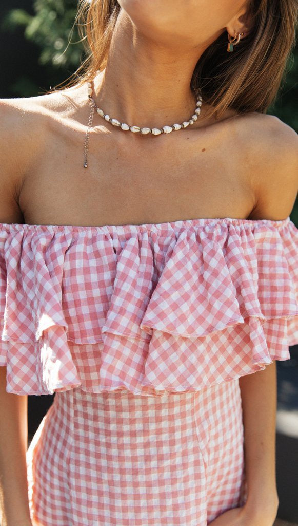 Pink Gingham Check Dress with Ruffles and Off-the-Shoulder Design
