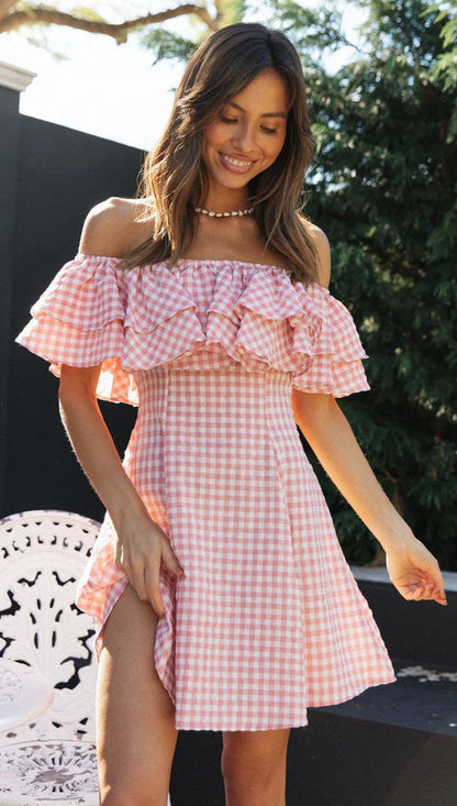 Pink Gingham Check Dress with Ruffles and Off-the-Shoulder Design