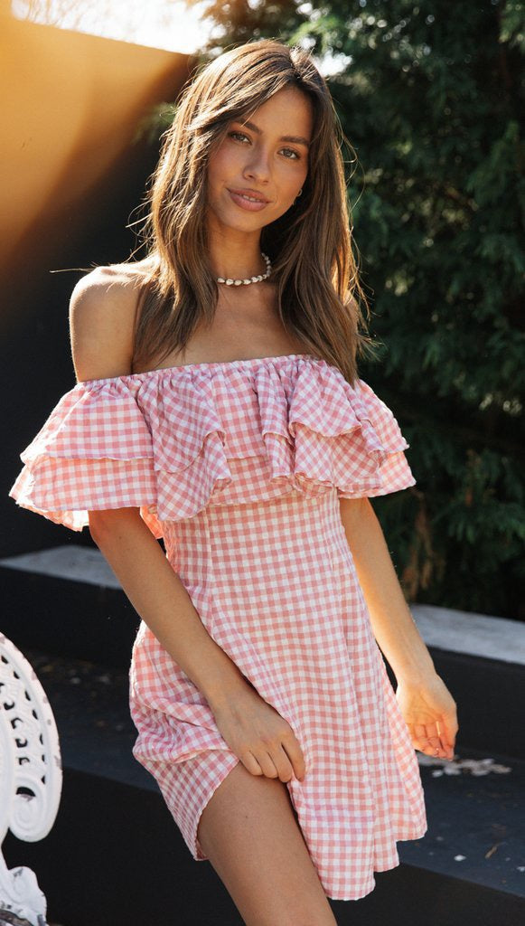 Pink Gingham Check Dress with Ruffles and Off-the-Shoulder Design