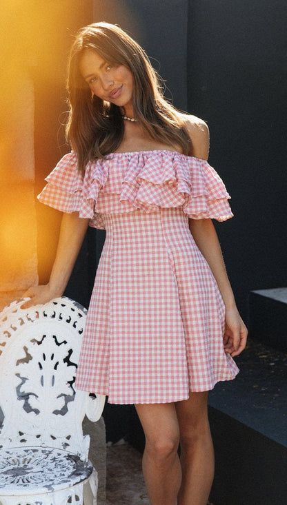 Pink Gingham Check Dress with Ruffles and Off-the-Shoulder Design