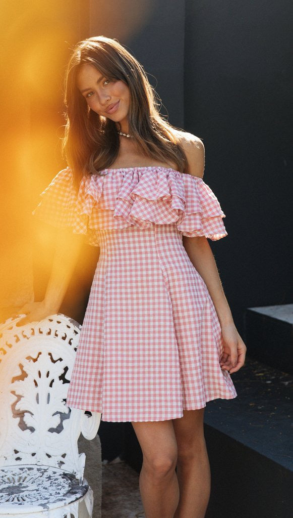 Pink Gingham Check Dress with Ruffles and Off-the-Shoulder Design