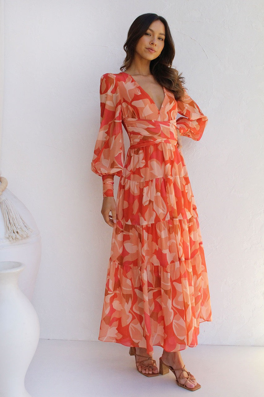 Elegant Long Dress with V-Neck and Floral Print 