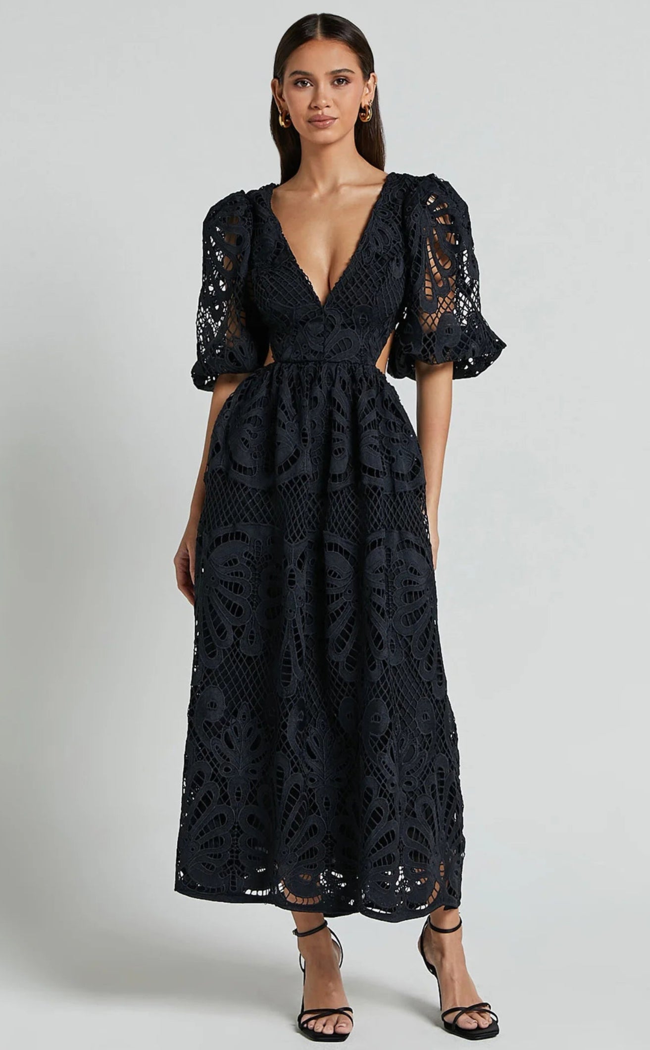 Lace Midi Dress with V-Neck and Openwork Details 