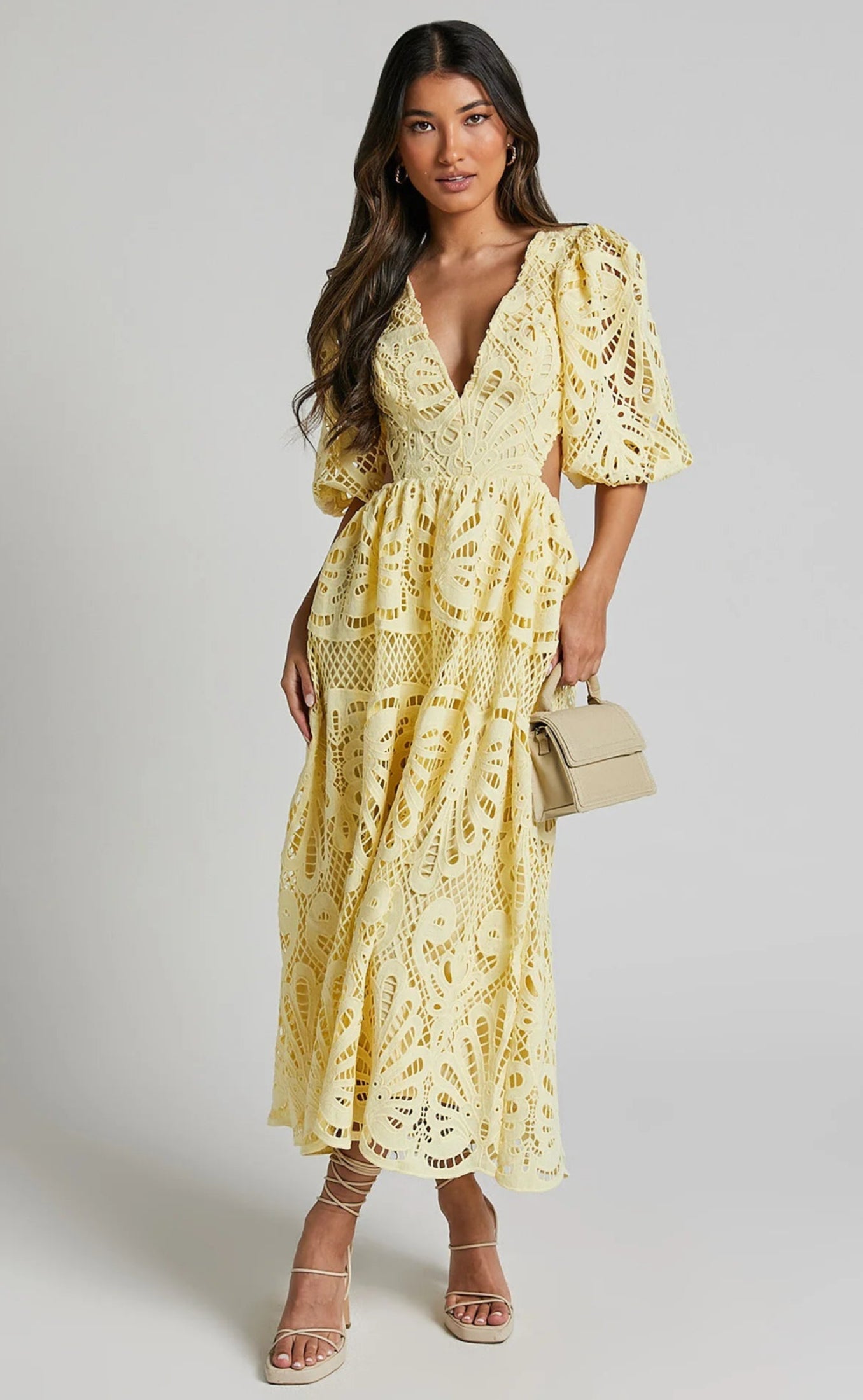 Lace Midi Dress with V-Neck and Openwork Details 