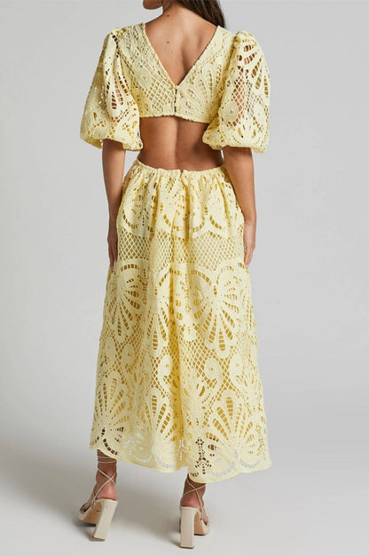 Lace Midi Dress with V-Neck and Openwork Details 