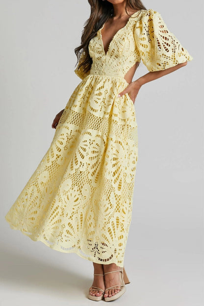 Lace Midi Dress with V-Neck and Openwork Details 