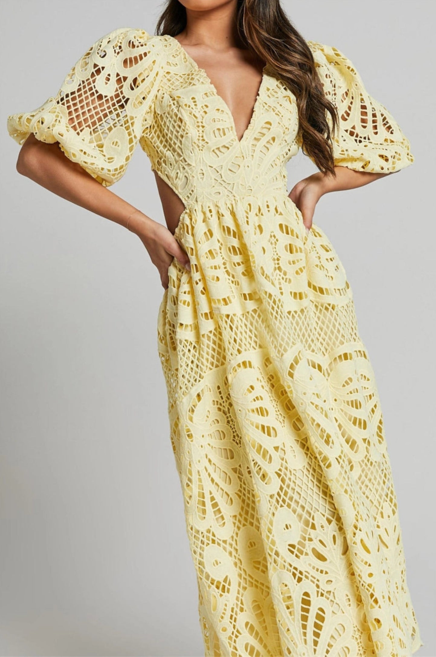 Lace Midi Dress with V-Neck and Openwork Details 