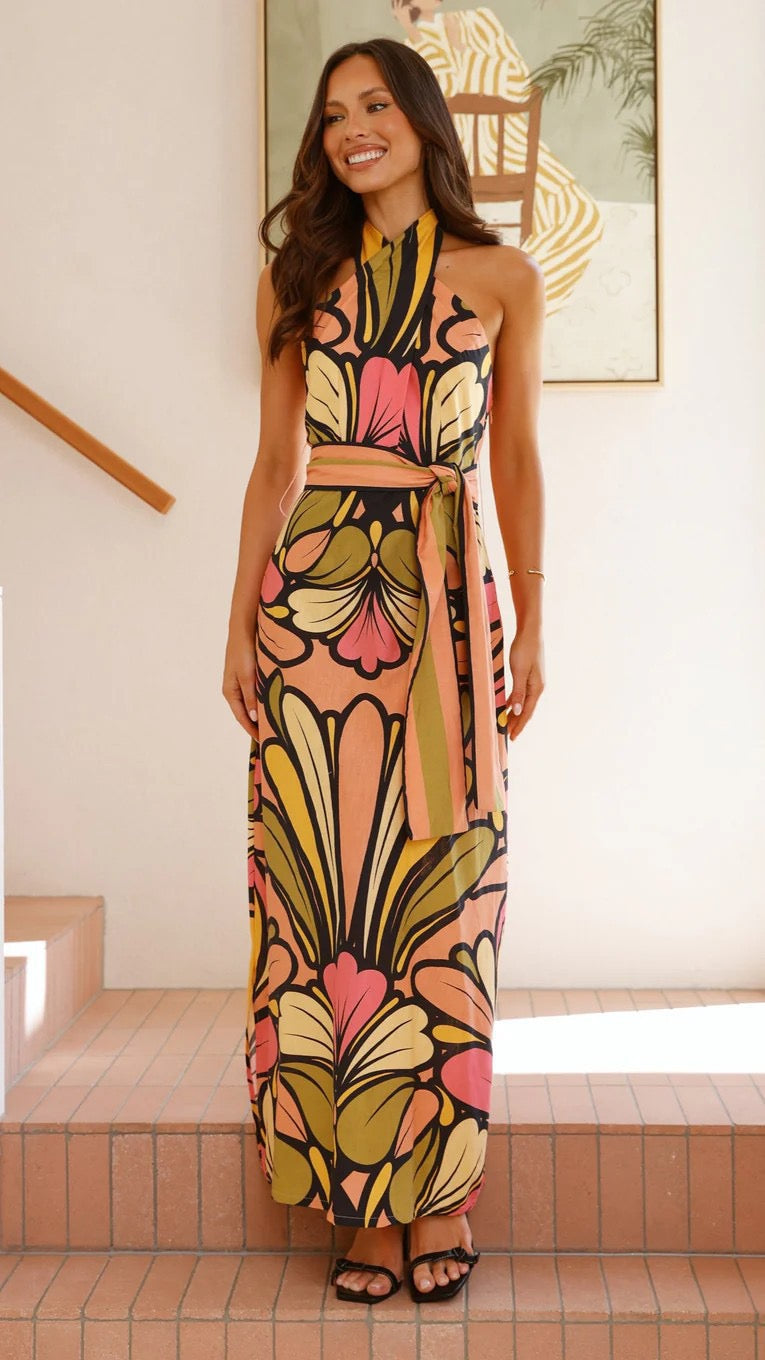 Floral Halter Neck Sleeveless Maxi Dress 