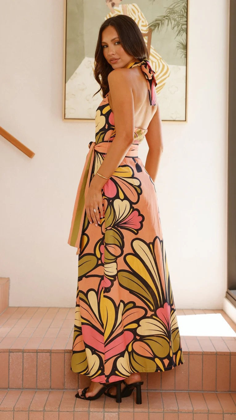 Floral Halter Neck Sleeveless Maxi Dress 