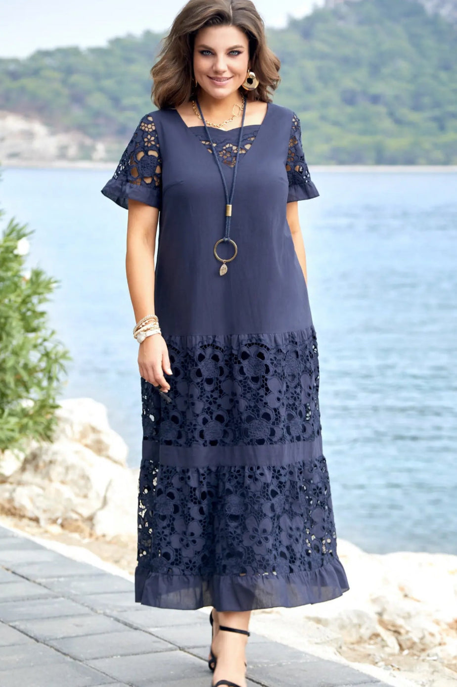 Serène | Navy Blue Long Dress with Floral Lace