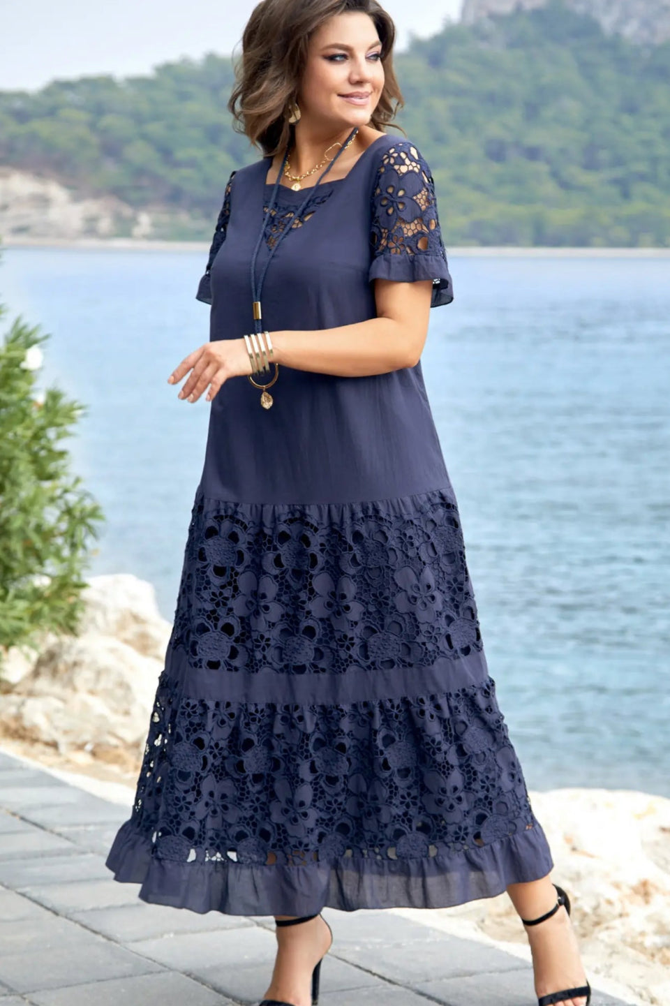 Serène | Navy Blue Long Dress with Floral Lace