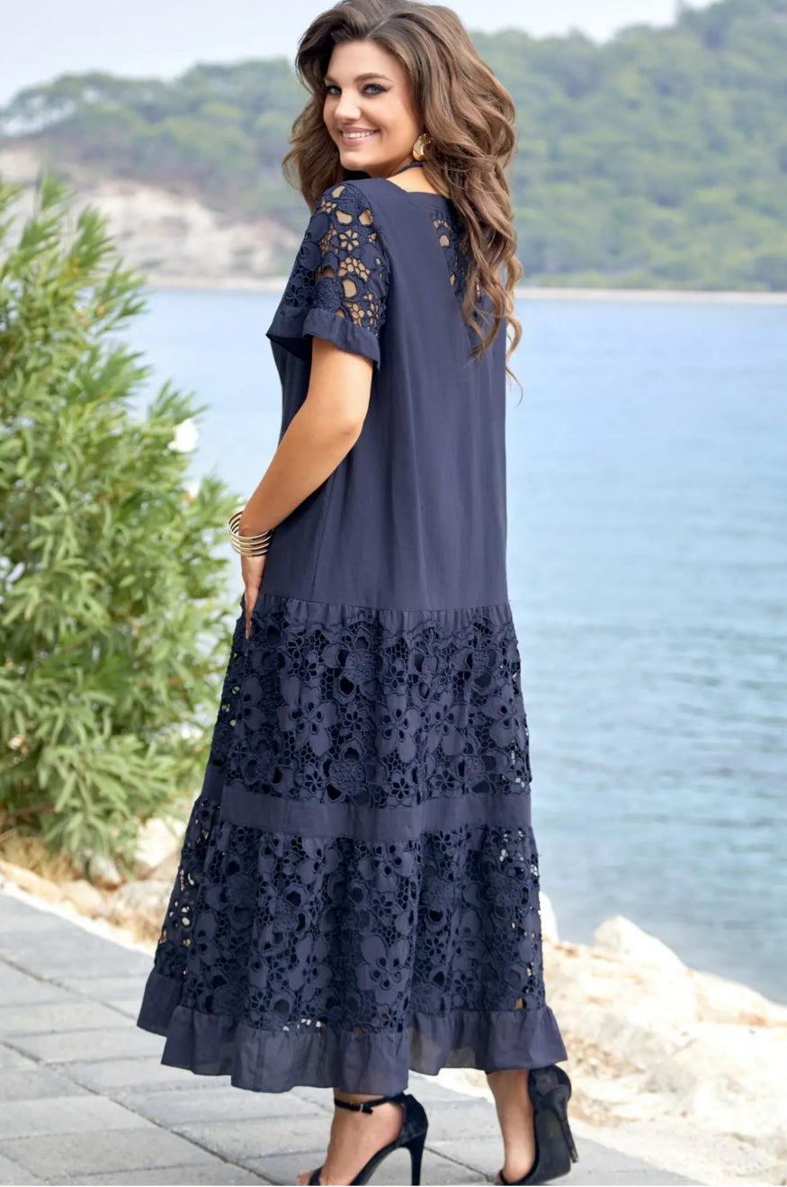 Serène | Navy Blue Long Dress with Floral Lace
