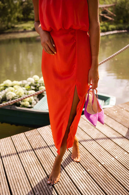 Camille – Midi Dress with Gathered High Neck 