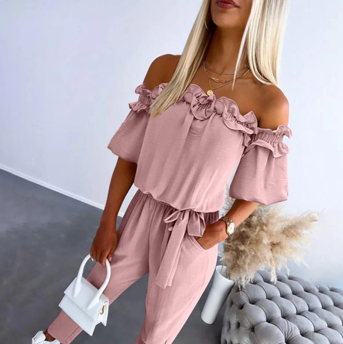 Avanika | Jumpsuit with Ruffles and Bardot Neckline with Adjustable Waist 