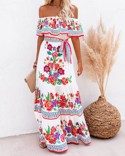 Oceana | Long Dress with Print and Adjustable Drawstring Waist