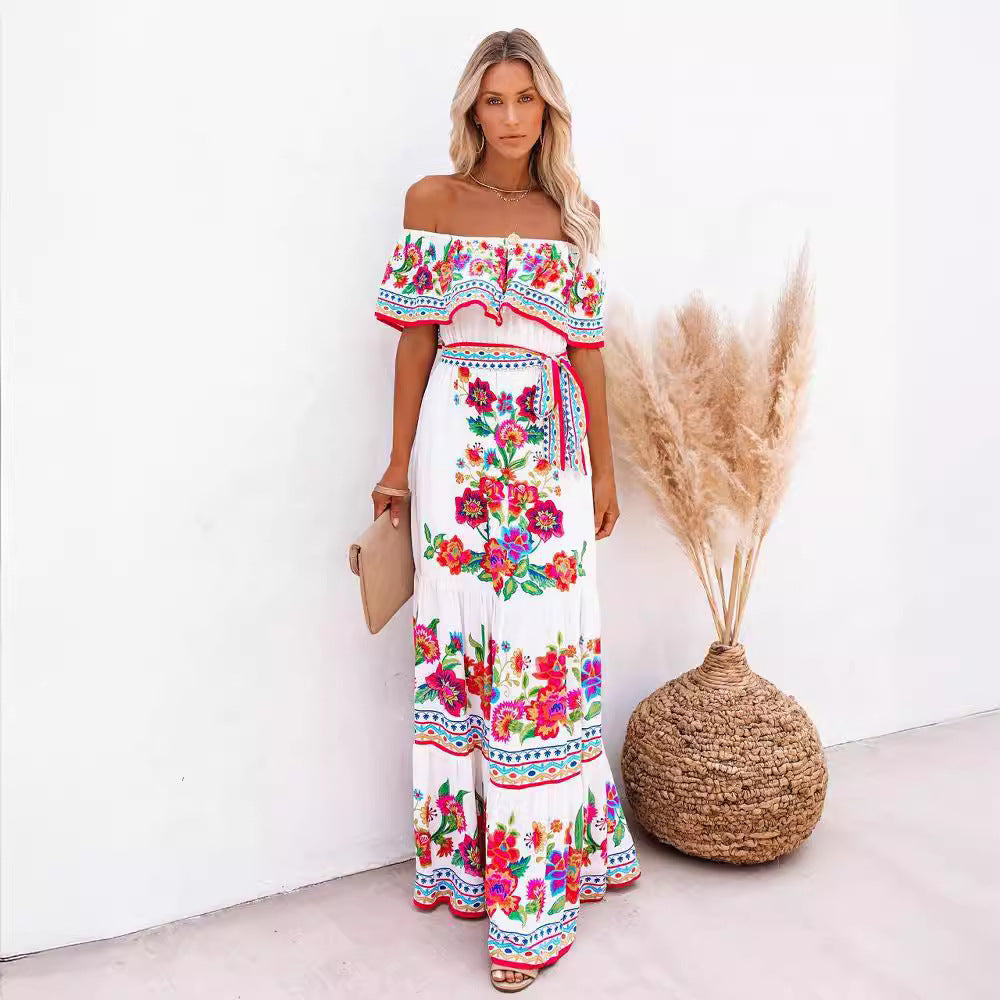 Oceana | Long Dress with Print and Adjustable Drawstring Waist