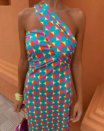 Irmgardi - Colorful Dress with Asymmetrical Neckline