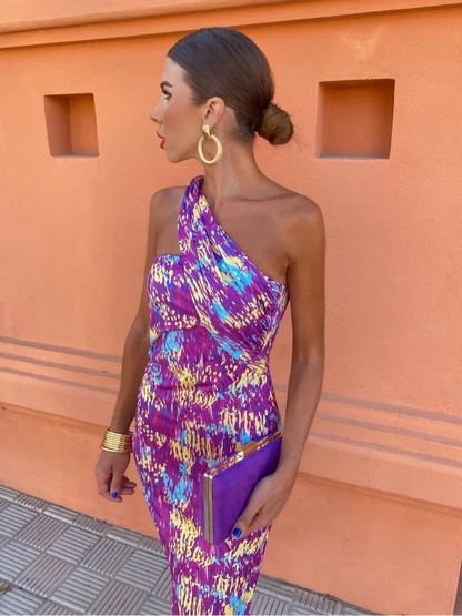 Irmgardi - Colorful Dress with Asymmetrical Neckline