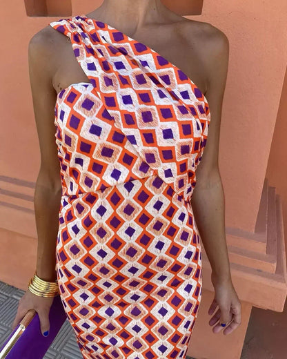 Irmgardi - Colorful Dress with Asymmetrical Neckline