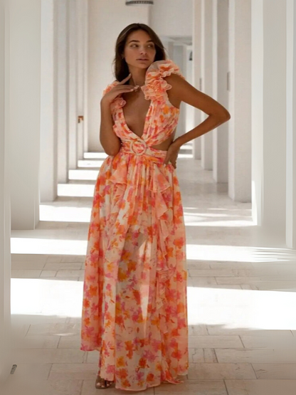 Lexi - Elegant Long Dress with Ruffles and Open Back